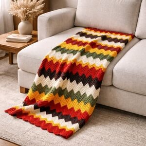 Vtg 70s Handmade Crochet Afghan Throw Blanket 91x40" Retro Chevron Couch Decor